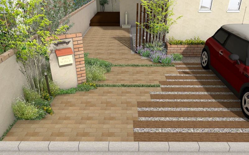 レンガ調インターロッキングのアプローチ